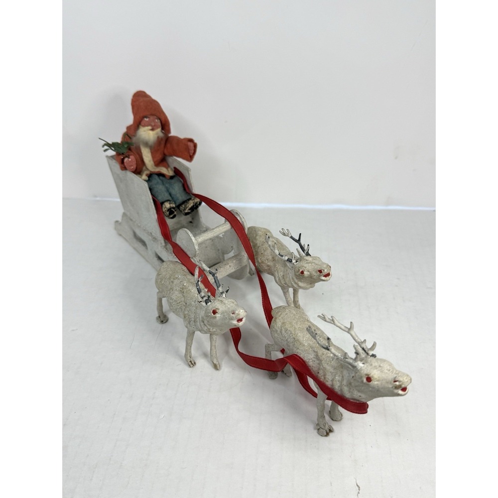 Antique German Clay Face Composition 5" Santa Clause W/ Sled 3 Deer Belsnickel?